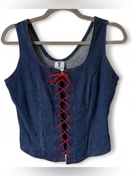Vintage Tops - Vintage Y2K M&S Collections Denim Lace Up Corset Tank Top red suede lace up L